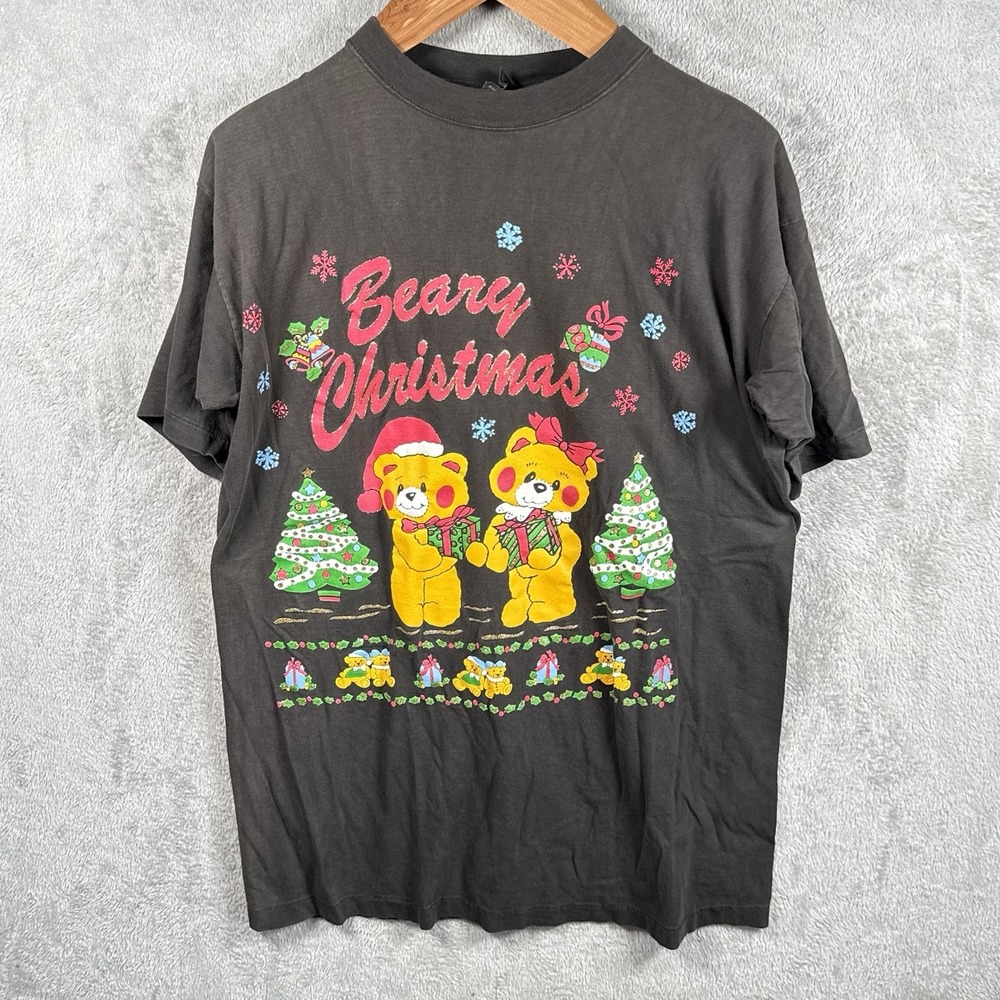 Vintage Galaxy Beary Christmas Bears Holiday T-Shirt XL Black 90s Graphic Tee